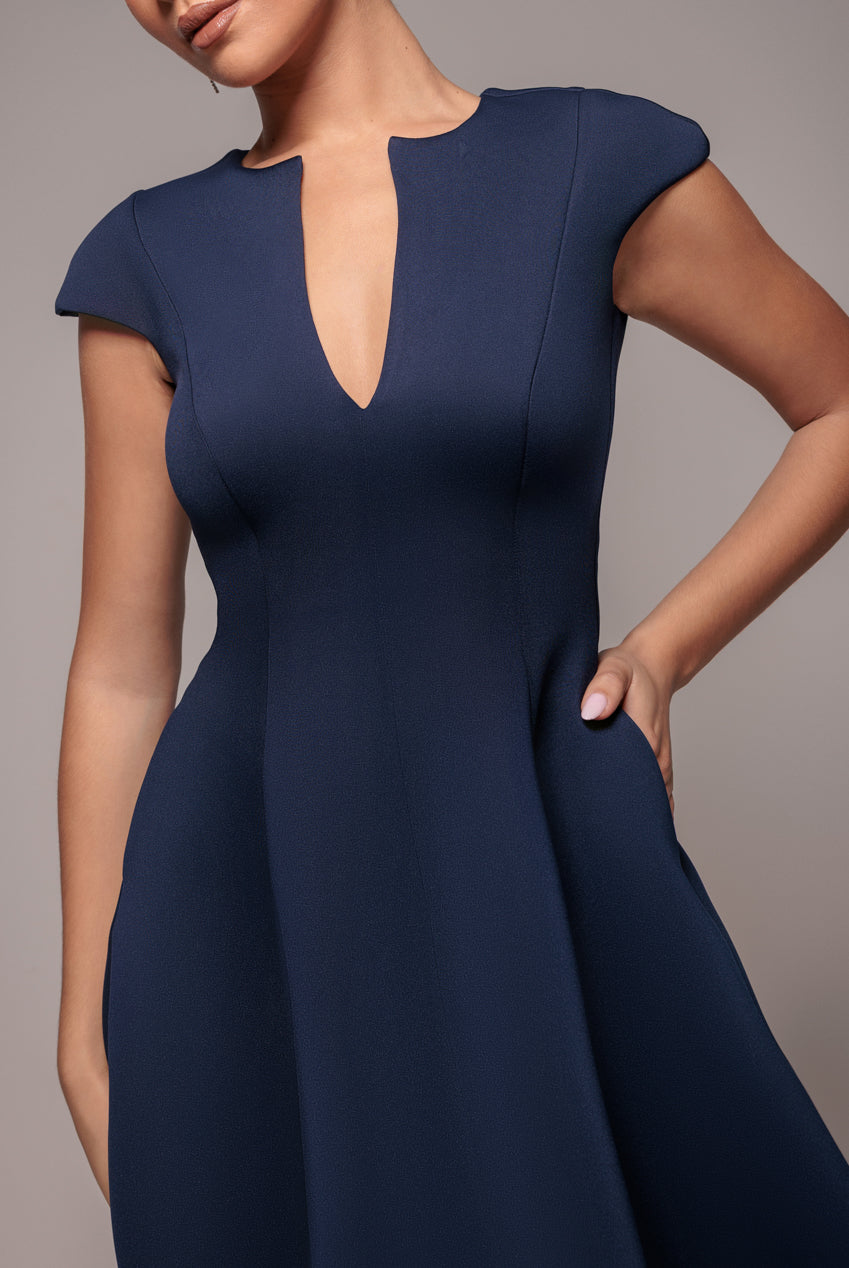 Cap Sleeve Plunging V-Neckline Skater Mini Dress - Navy Blue DR4539