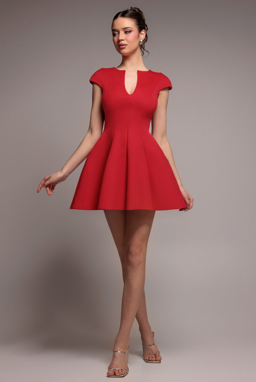 Cap Sleeve Plunging V-Neckline Skater Mini Dress - Red DR4539