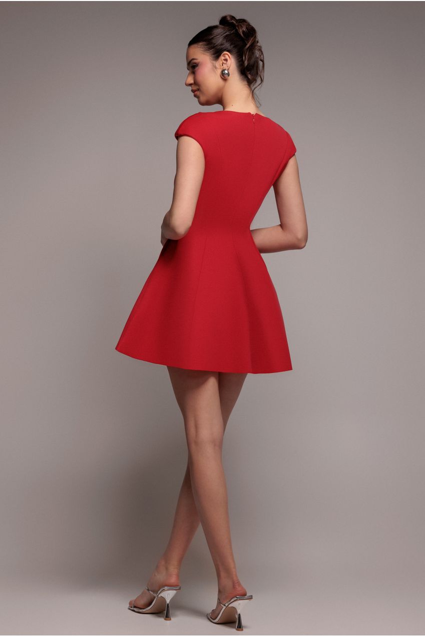 Cap Sleeve Plunging V-Neckline Skater Mini Dress - Red DR4539
