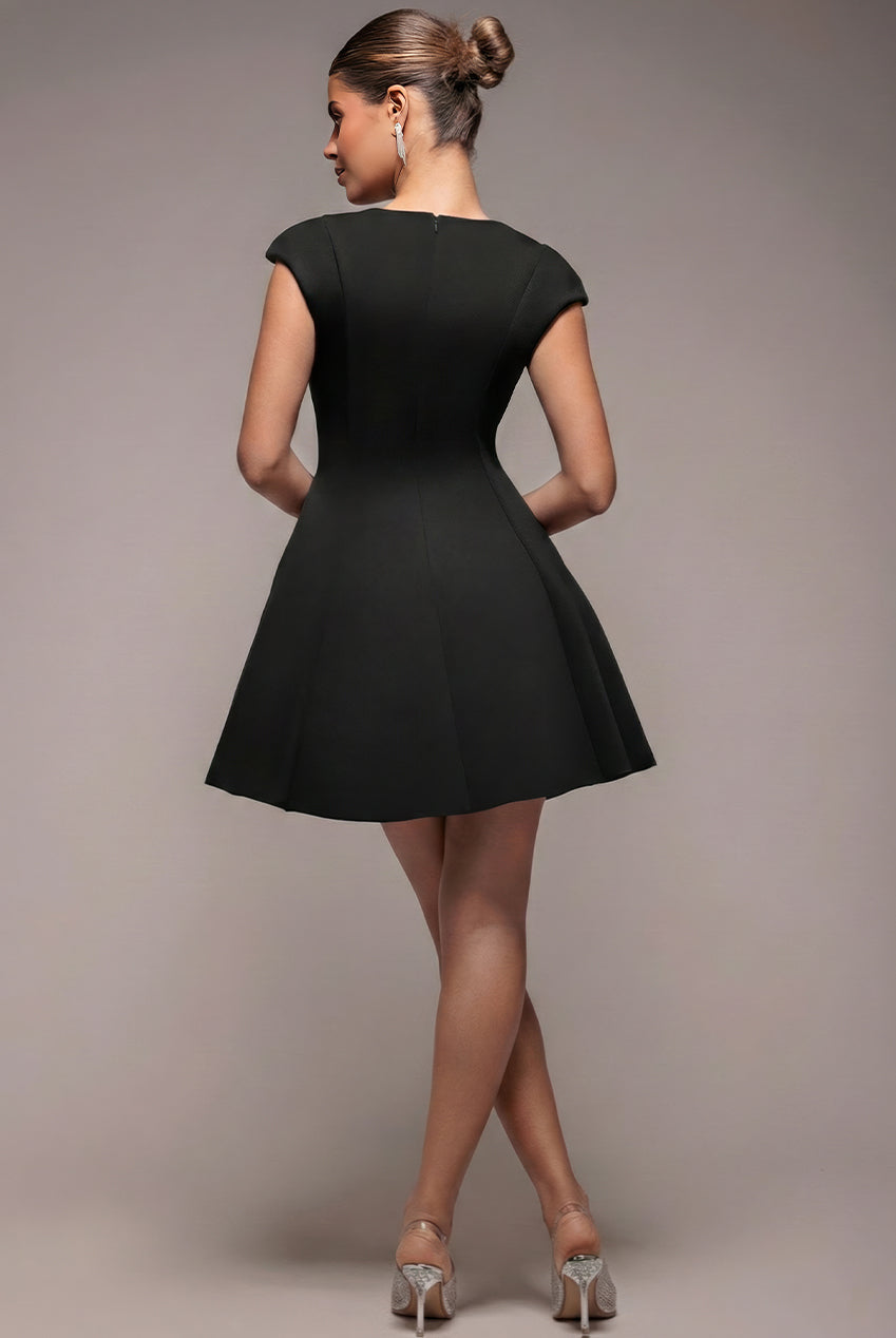 Cap Sleeve Plunging V-Neckline Skater Mini Dress - Black DR4539