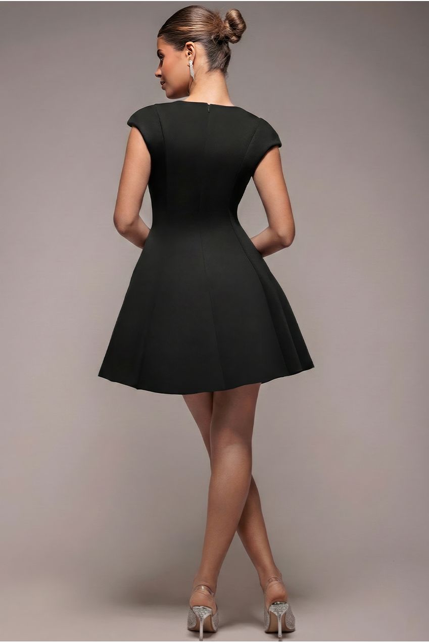 Cap Sleeve Plunging V-Neckline Skater Mini Dress - Black DR4539