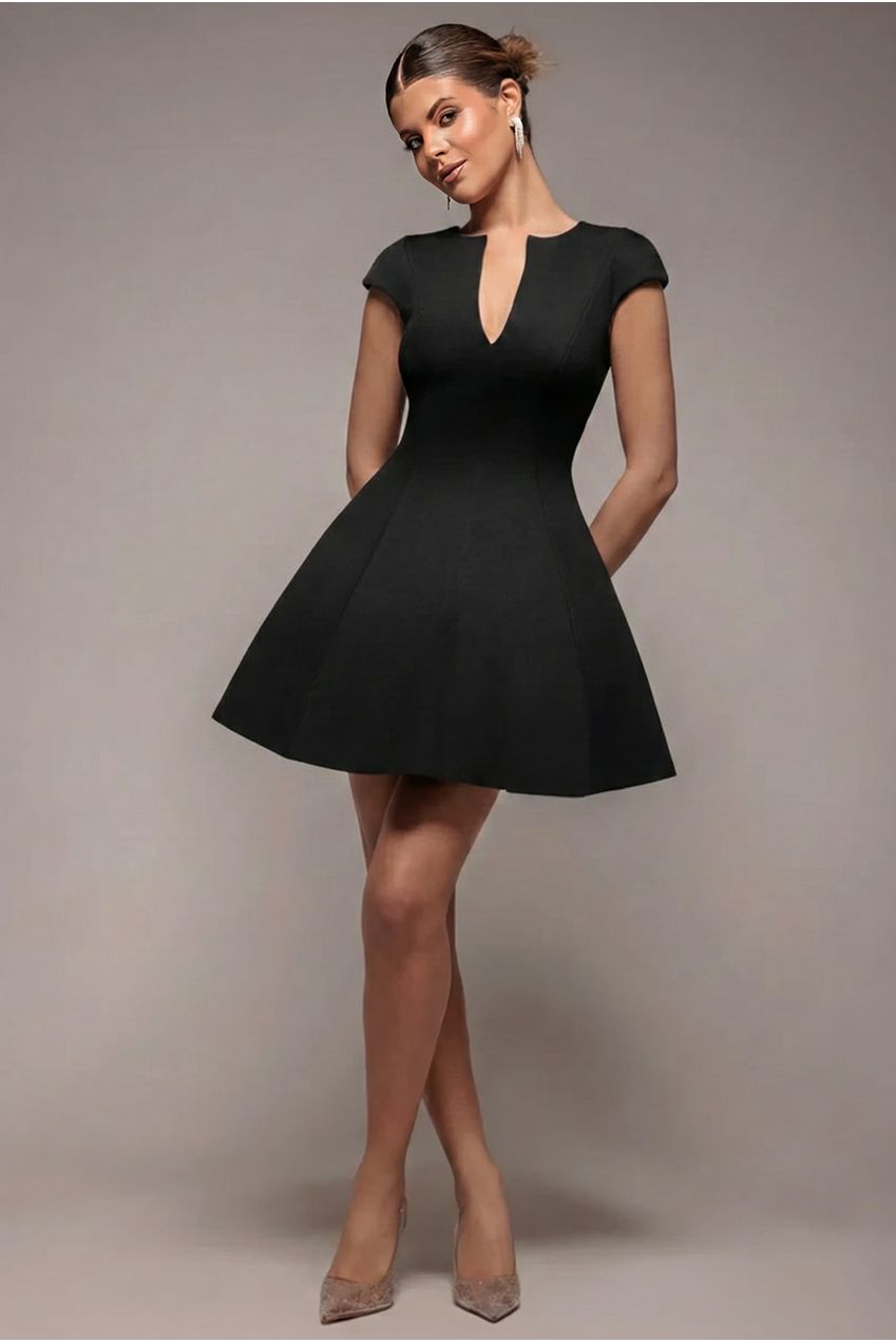 Cap Sleeve Plunging V-Neckline Skater Mini Dress - Black DR4539