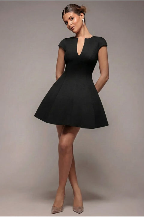 Cap Sleeve Plunging V-Neckline Skater Mini Dress - Black by Goddiva