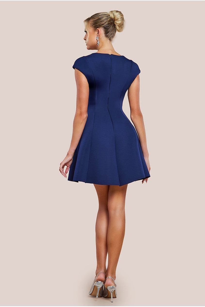 Cap Sleeve Plunging V-Neckline Skater Mini Dress - Navy Blue DR4539