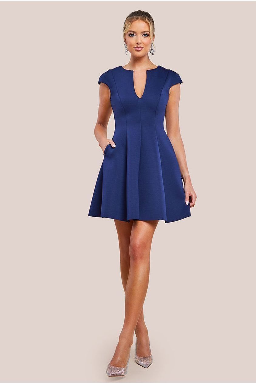 Cap Sleeve Plunging V-Neckline Skater Mini Dress - Navy Blue DR4539