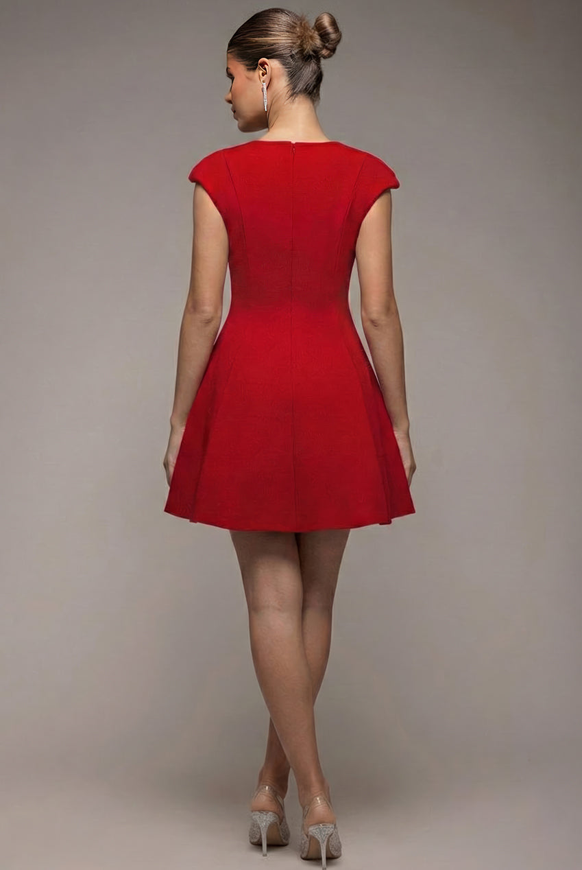 Cap Sleeve Plunging V-Neckline Skater Mini Dress - Red DR4539