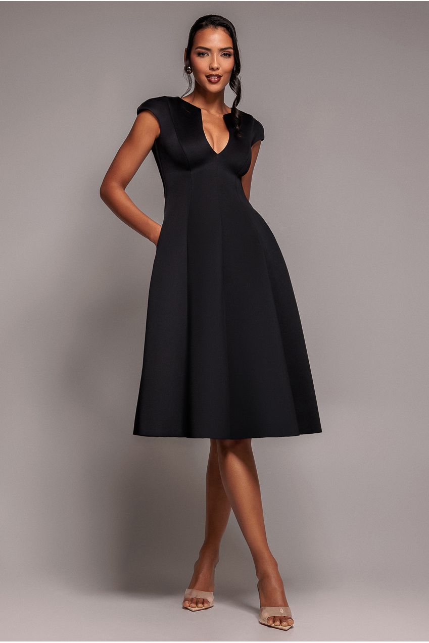 Cap Sleeve Plunging V-Neckline A-line Midi Dress - Black DR4540