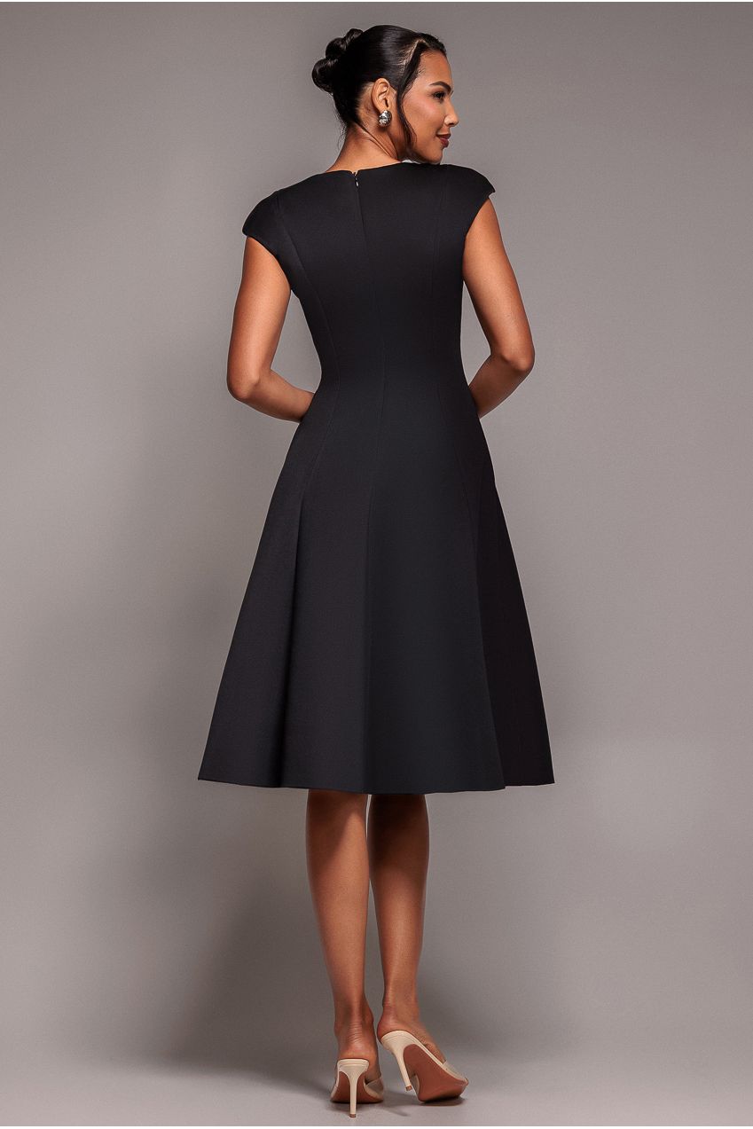 Cap Sleeve Plunging V-Neckline A-line Midi Dress - Black DR4540
