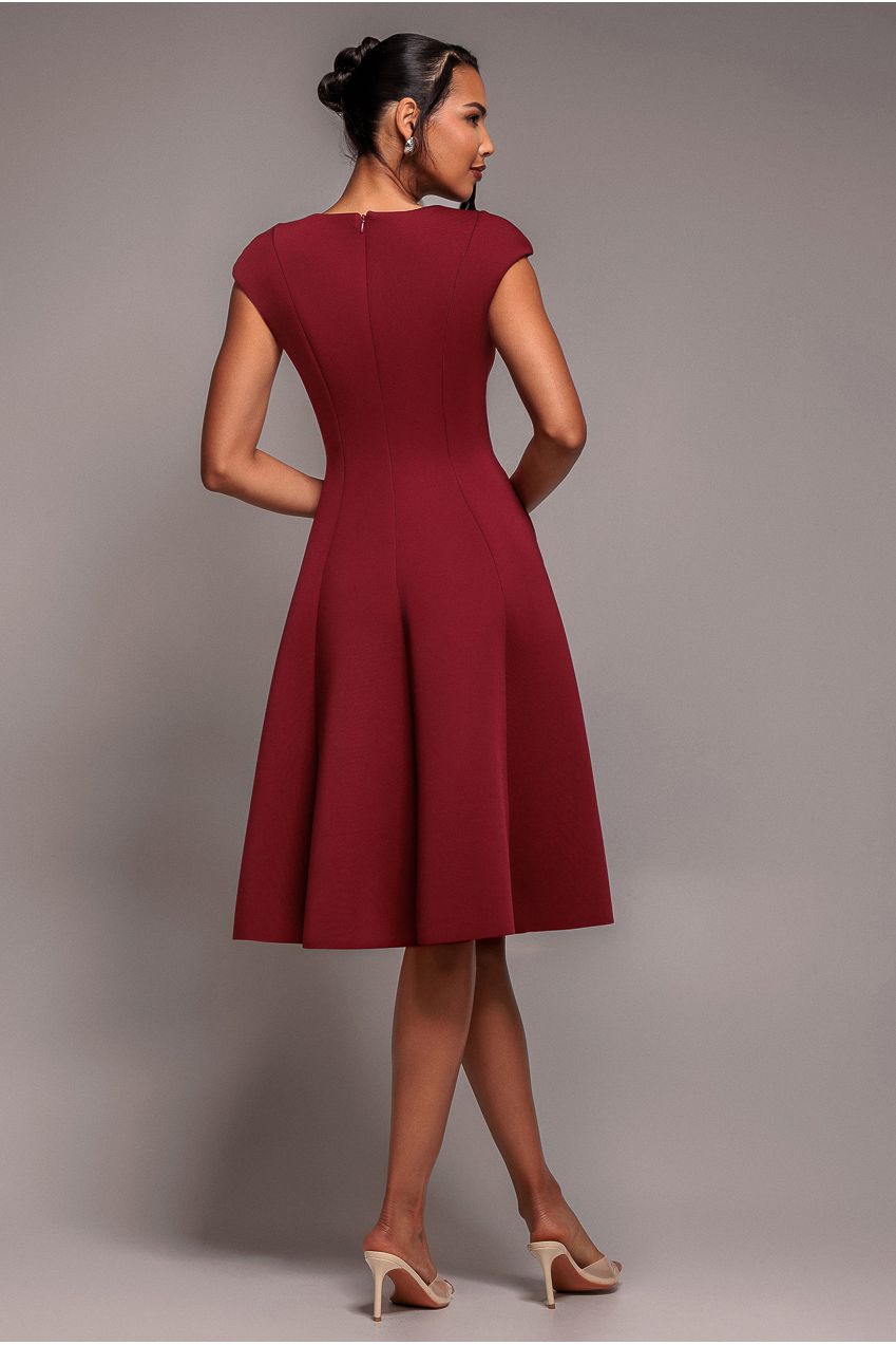 Cap Sleeve Plunging V-Neckline A-line Midi Dress - Wine DR4540