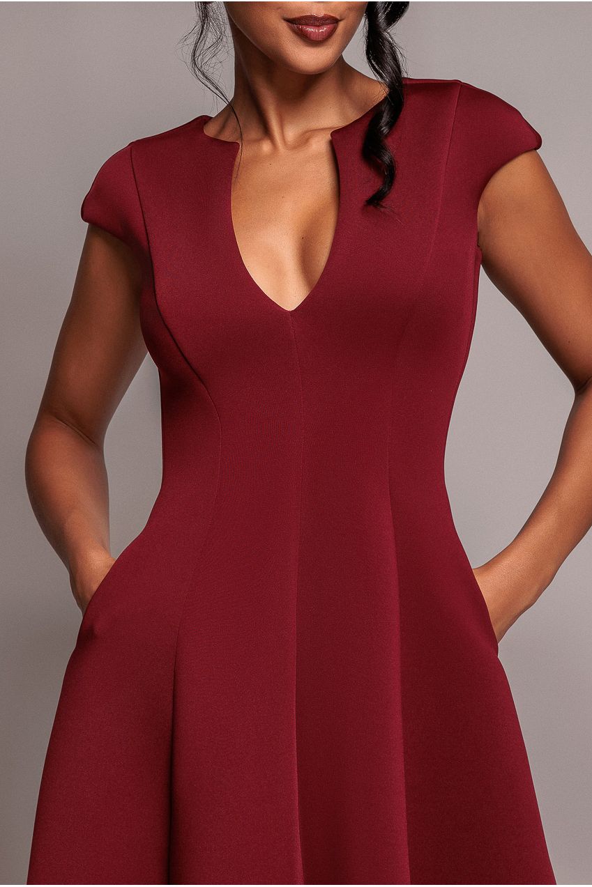 Cap Sleeve Plunging V-Neckline A-line Midi Dress - Wine DR4540