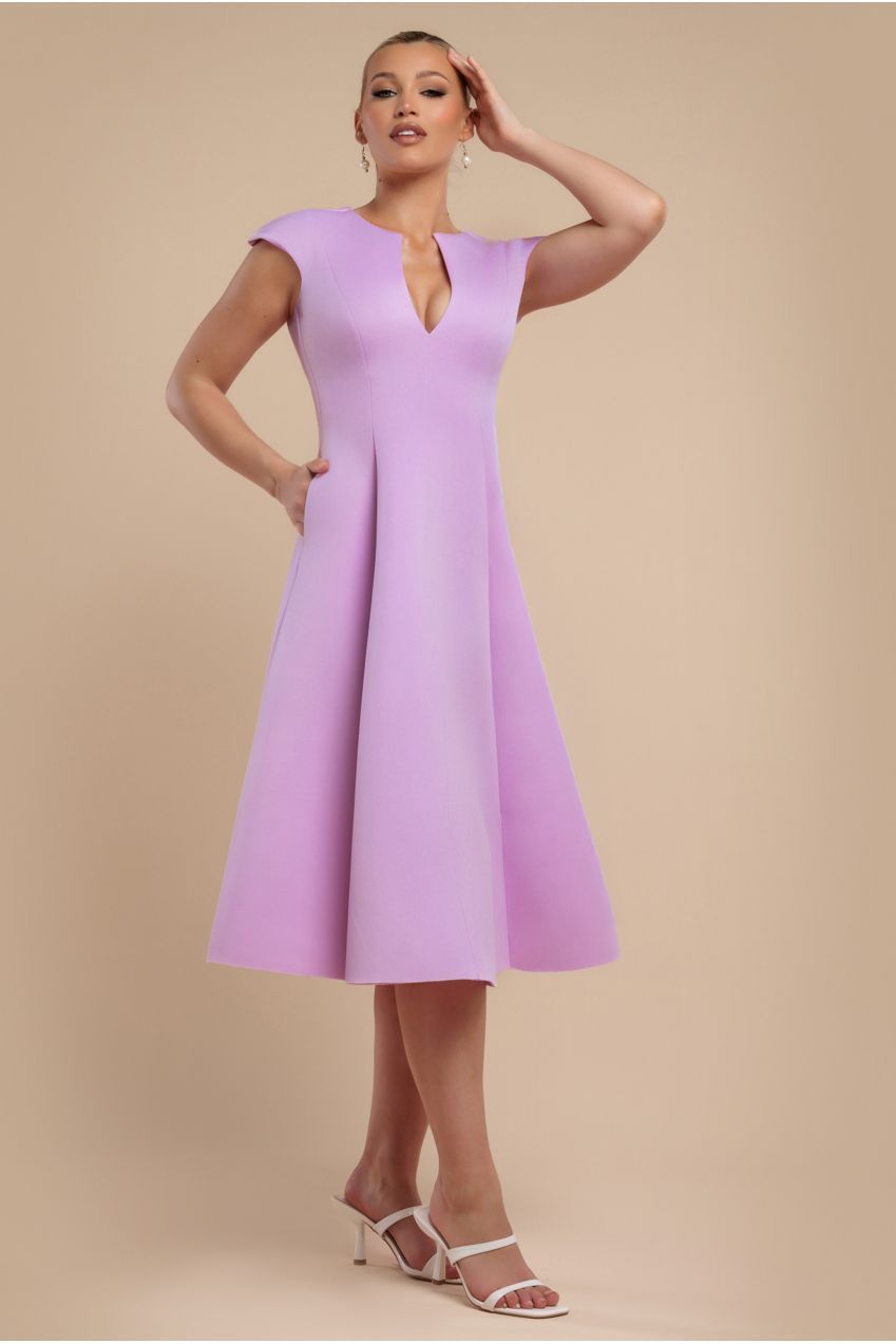 Cap Sleeve Plunging V-Neckline A-line Midi Dress - Lilac DR4540