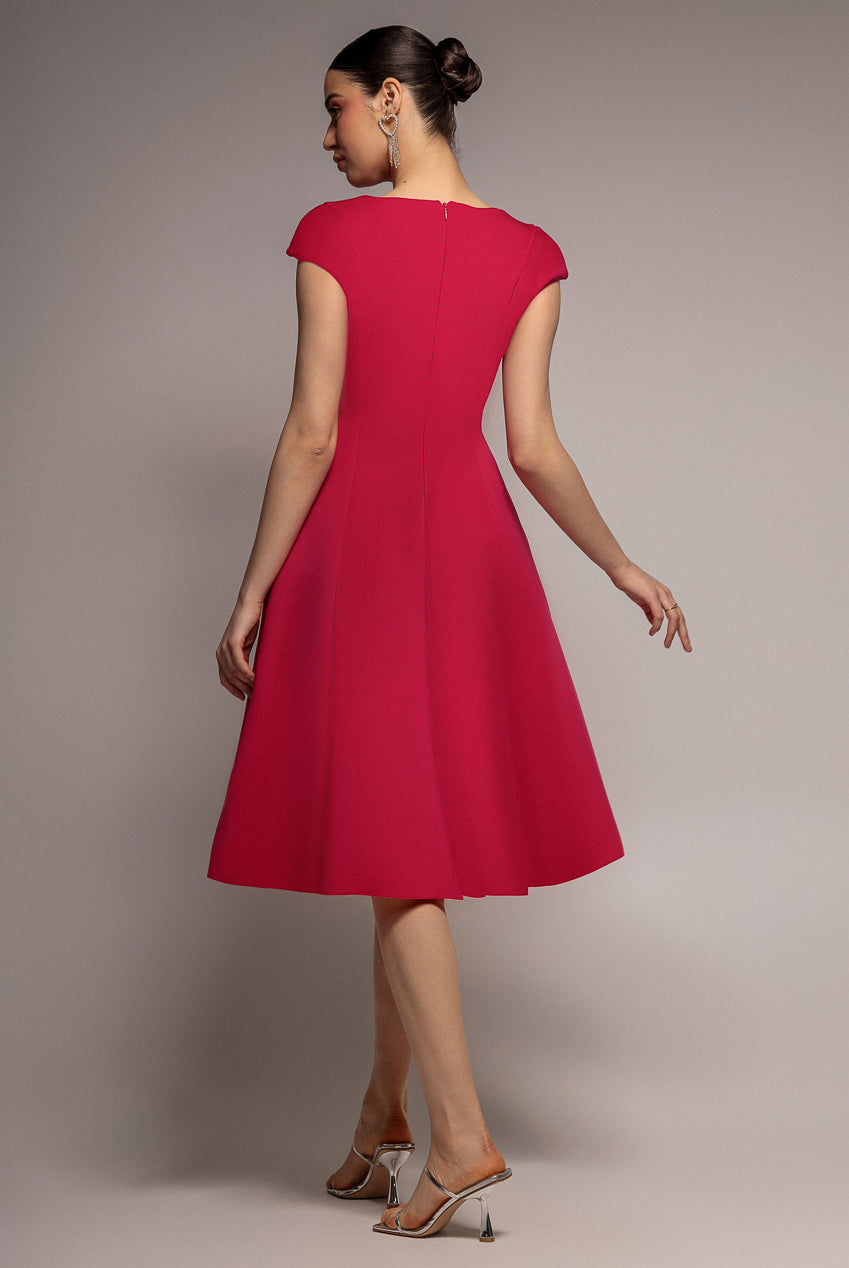 Cap Sleeve Plunging V-Neckline A-line Midi Dress - Magenta DR4540