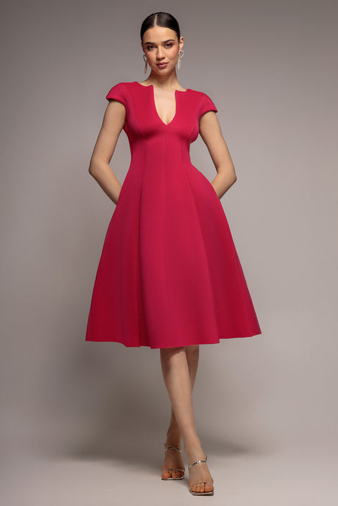 Cap Sleeve Plunging V-Neckline A-line Midi Dress - Magenta by Goddiva