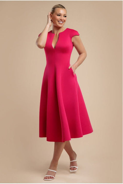 Cap Sleeve Plunging V-Neckline A-line Midi Dress - Magenta by Goddiva