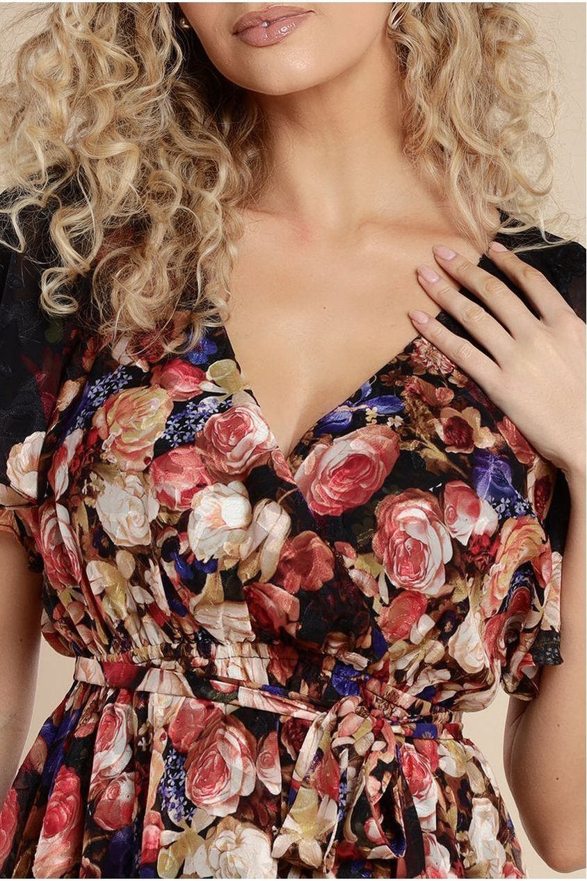 Floral Flutter Sleeve Wrap Midi Dress - Black DR4548
