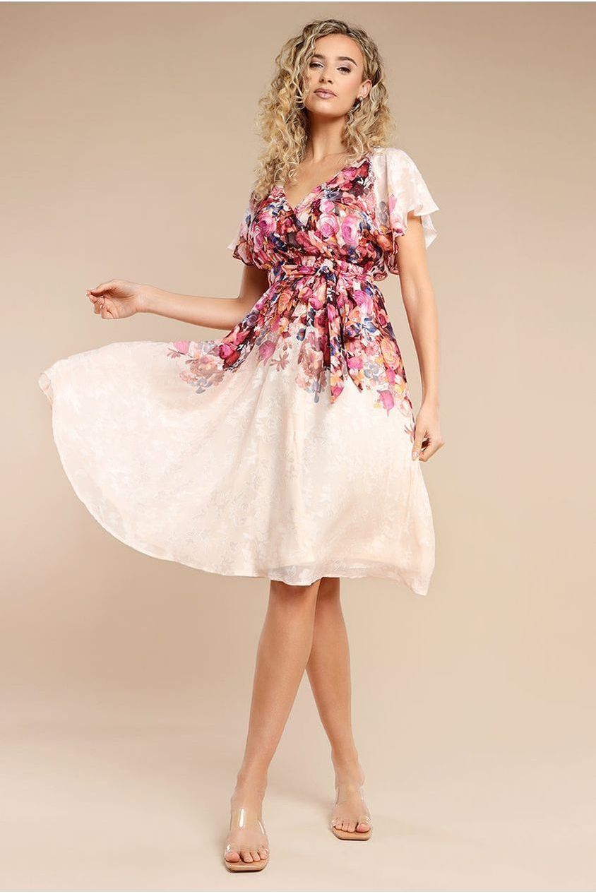 Floral Flutter Sleeve Wrap Midi Dress - Ivory DR4548