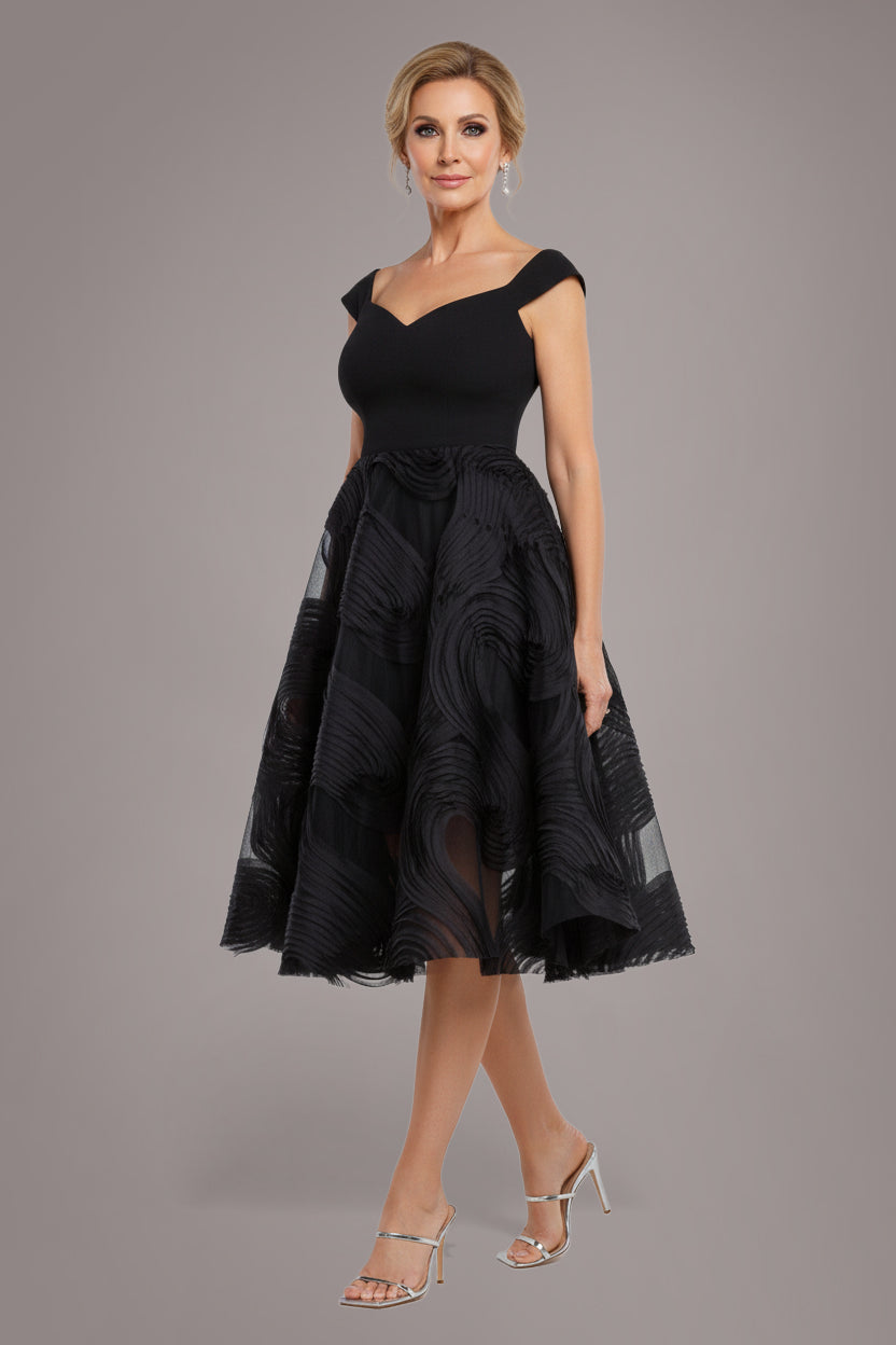 Scuba & Textured Chiffon A Line Midi Dress - Black DR4549M