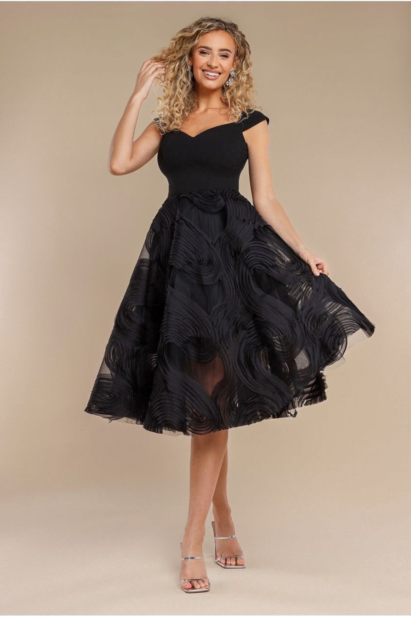 Scuba & Textured Chiffon A Line Midi Dress - Black DR4549