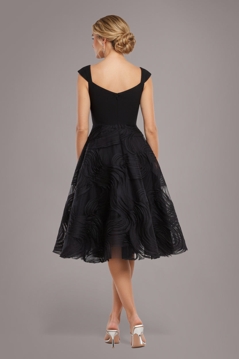 Scuba & Textured Chiffon A Line Midi Dress - Black DR4549M