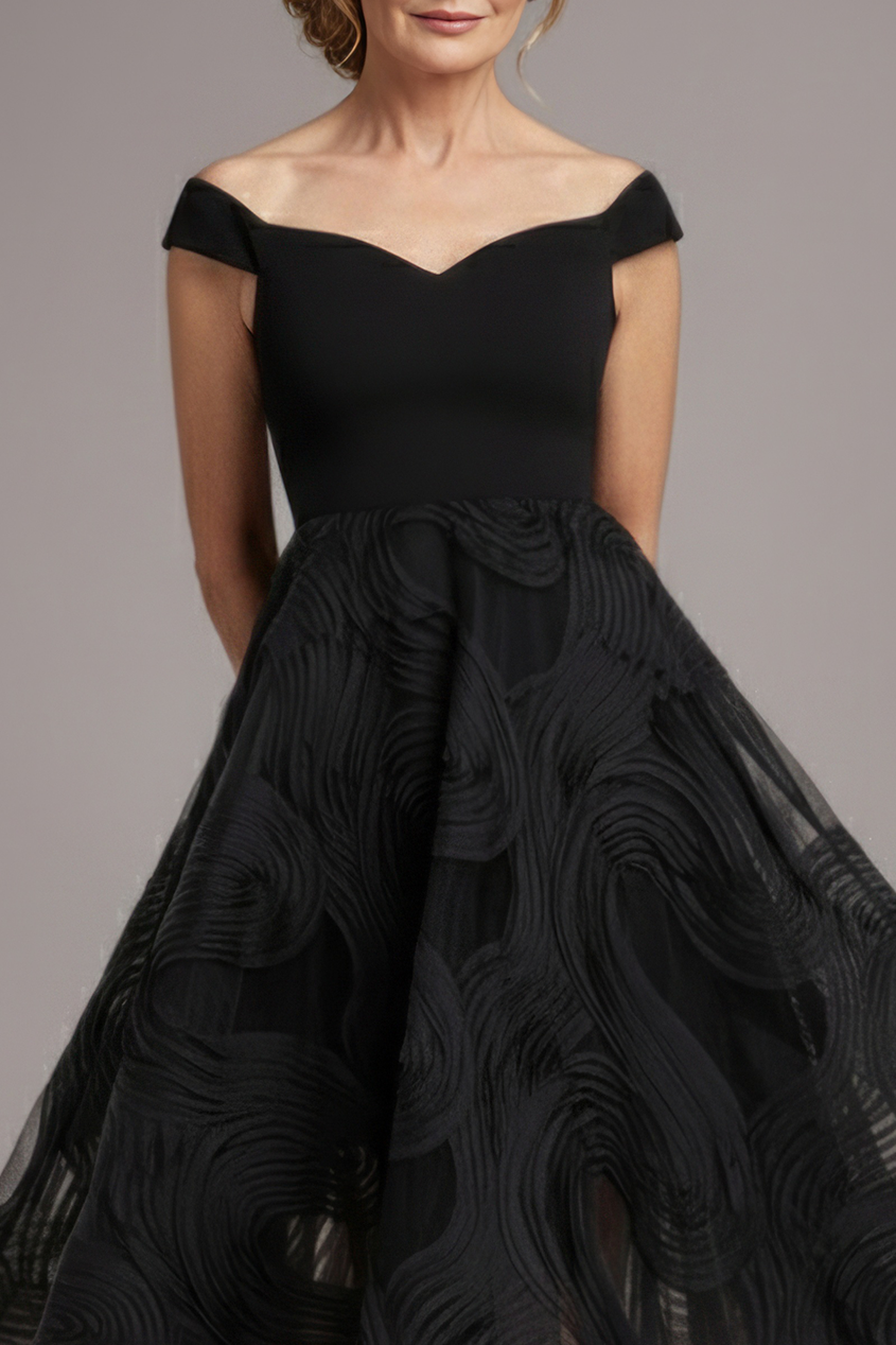 Scuba & Textured Chiffon A Line Midi Dress - Black DR4549M