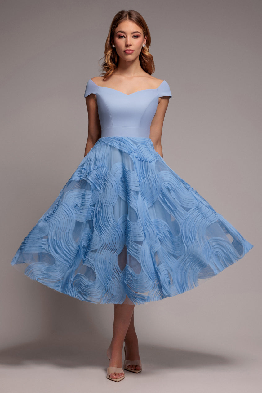 Scuba & Textured Chiffon A Line Midi Dress - Blue | Goddiva Scuba & Textured Chiffon A Line Midi Dress - Blue | Goddiva