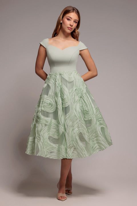 Scuba & Textured Chiffon A Line Midi Dress - Sage Green by Goddiva