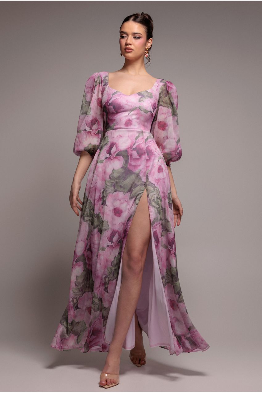 Puff Sleeve A-Line Printed Chiffon Maxi Dress With Split - Blush Pink DR4550