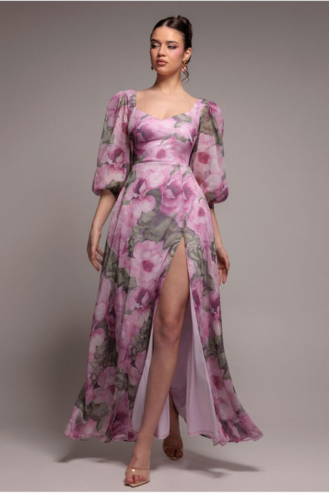 Puff Sleeve A-Line Printed Chiffon Maxi Dress With Split - Blush Pink by Goddiva