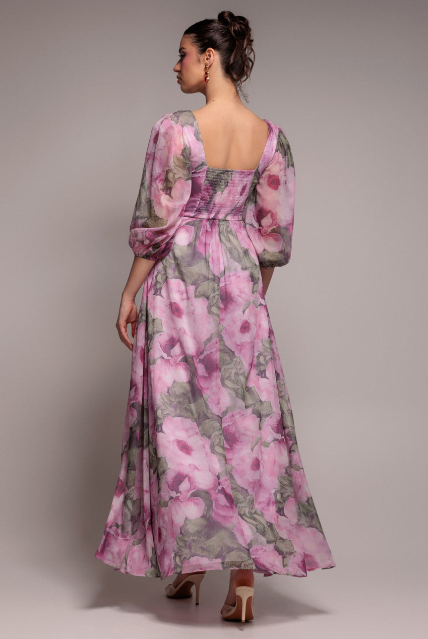 Puff Sleeve A-Line Printed Chiffon Maxi Dress With Split - Blush Pink DR4550