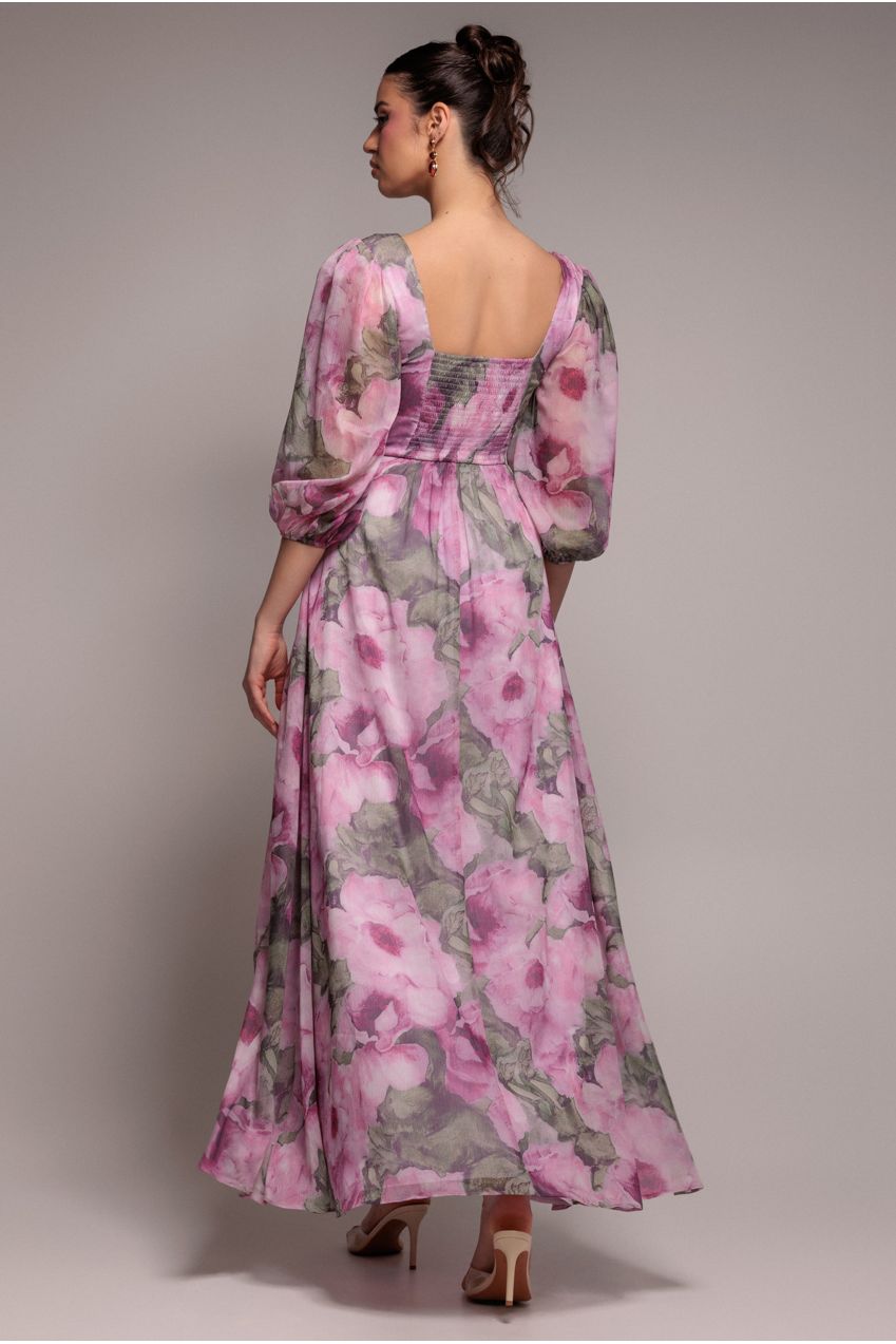 Puff Sleeve A-Line Printed Chiffon Maxi Dress With Split - Blush Pink DR4550