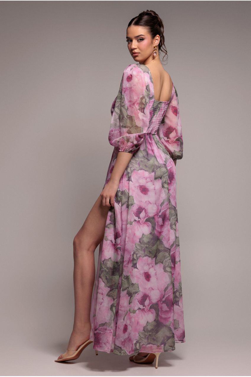 Puff Sleeve A-Line Printed Chiffon Maxi Dress With Split - Blush Pink DR4550