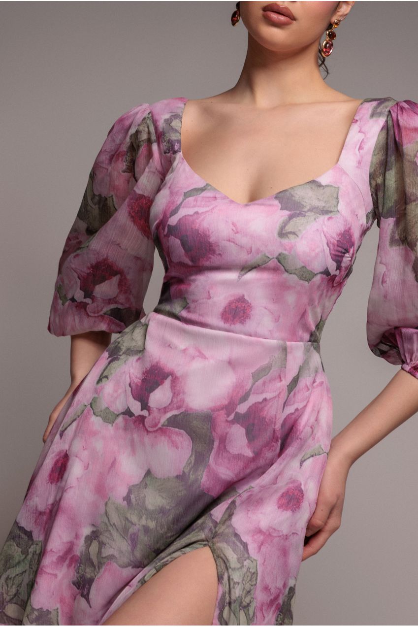 Puff Sleeve A-Line Printed Chiffon Maxi Dress With Split - Blush Pink DR4550