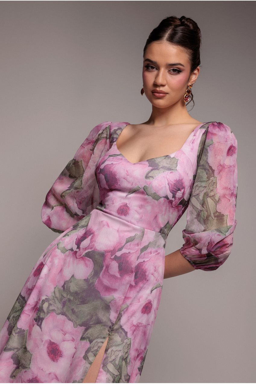 Puff Sleeve A-Line Printed Chiffon Maxi Dress With Split - Blush Pink DR4550