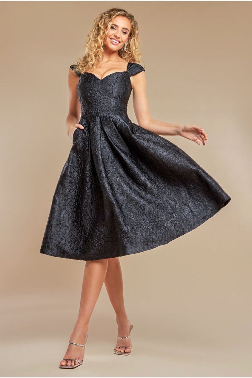 Crushed Satin Sleeveless A Line Midi Dress - Black DR4551