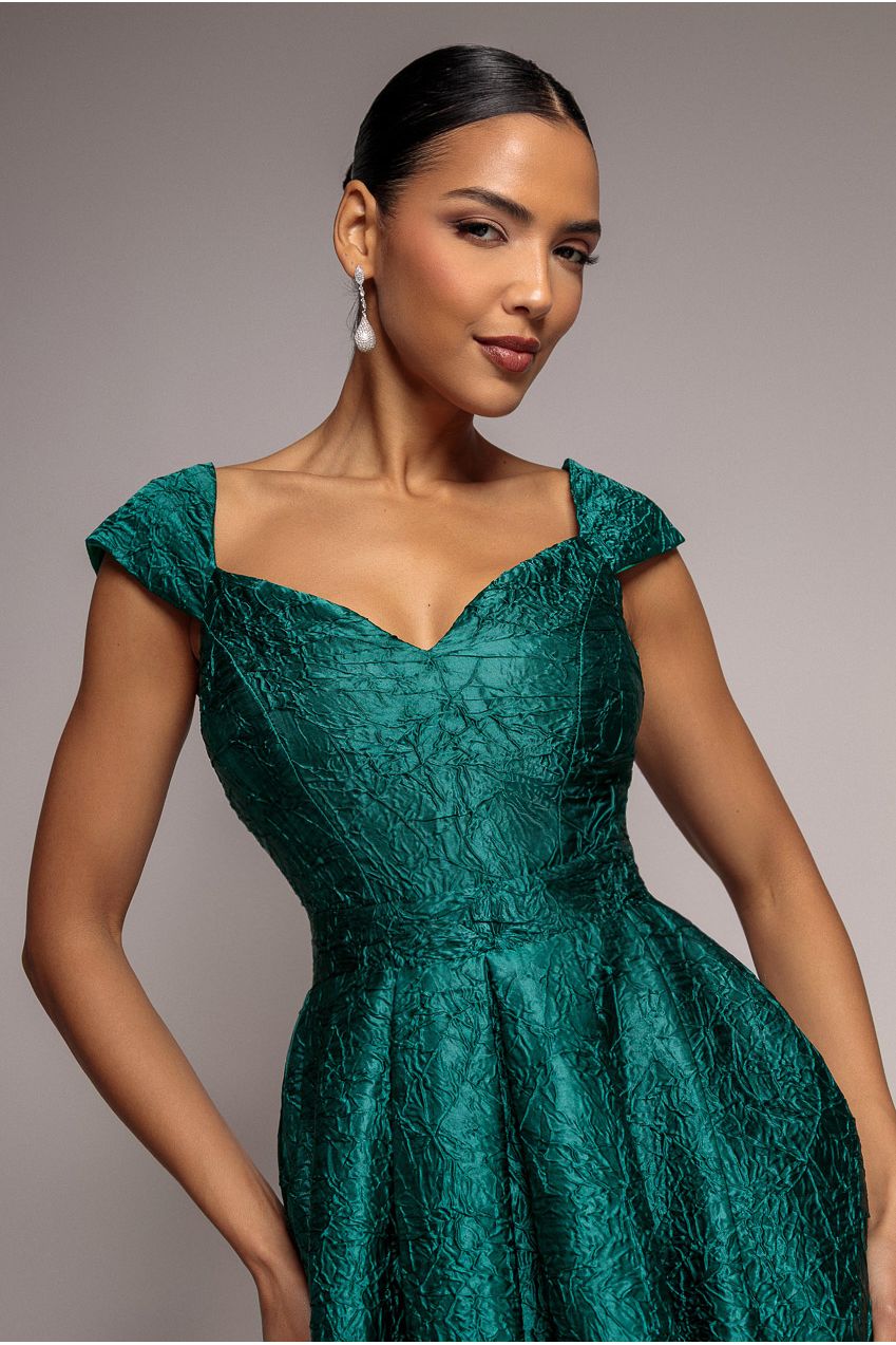 Crushed Satin Sleeveless A Line Midi Dress - Emerald Green DR4551