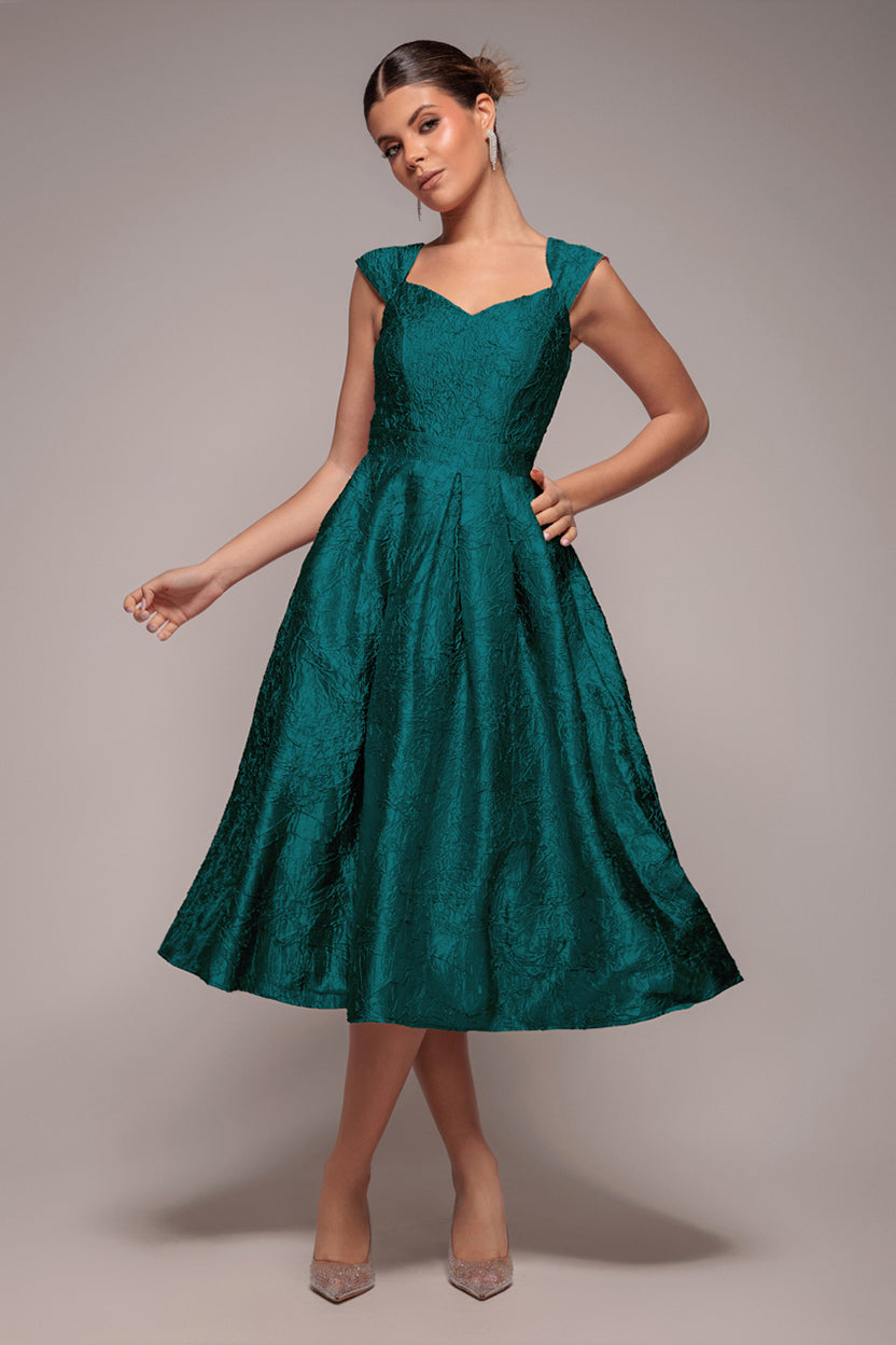 Crushed Satin Sleeveless A Line Midi Dress - Emerald Green DR4551