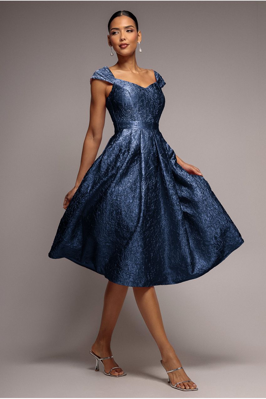 Crushed Satin Sleeveless A Line Midi Dress - Navy Blue