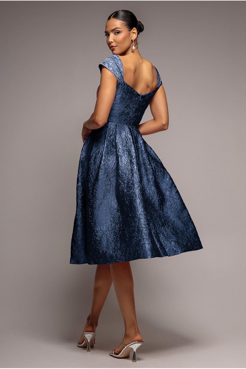 Crushed Satin Sleeveless A Line Midi Dress - Navy Blue DR4551