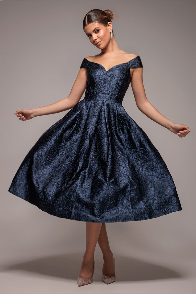 Crushed Satin Sleeveless A Line Midi Dress - Navy Blue DR4551