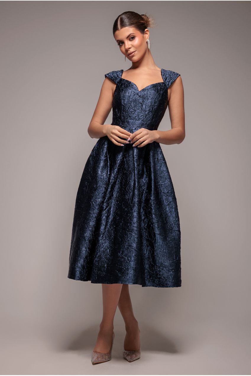 Crushed Satin Sleeveless A Line Midi Dress - Navy Blue DR4551