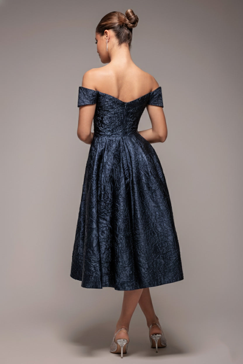 Crushed Satin Sleeveless A Line Midi Dress - Navy Blue DR4551