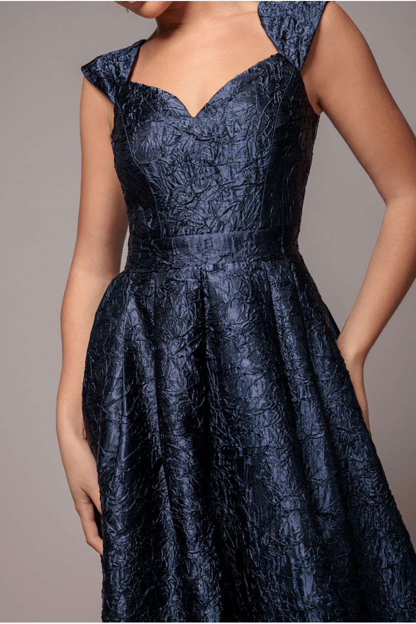 Crushed Satin Sleeveless A Line Midi Dress - Navy Blue DR4551