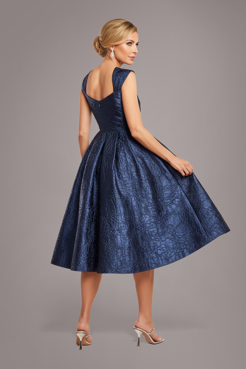 Crushed Satin Sleeveless A Line Midi Dress - Navy Blue DR4551M