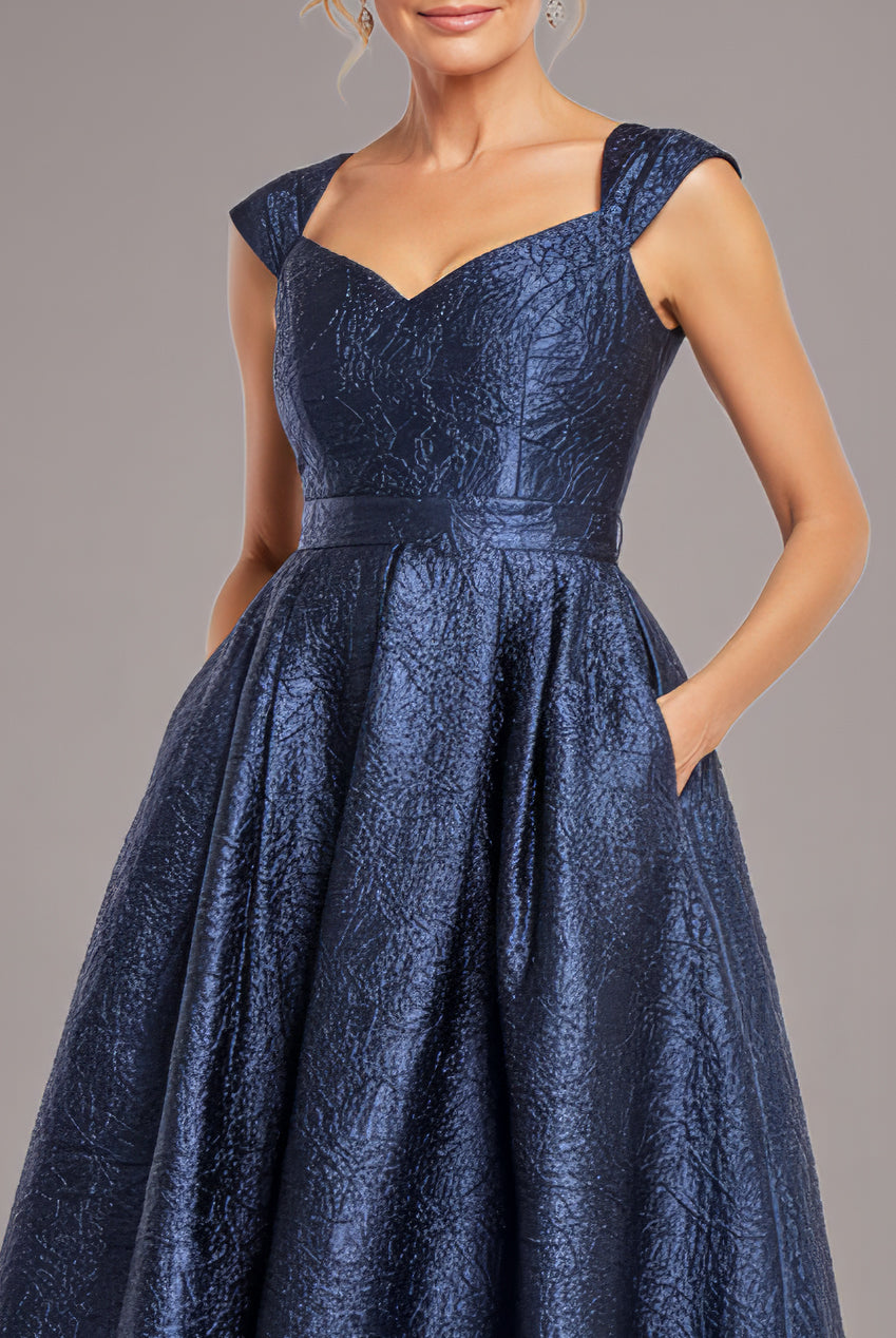 Crushed Satin Sleeveless A Line Midi Dress - Navy Blue DR4551M