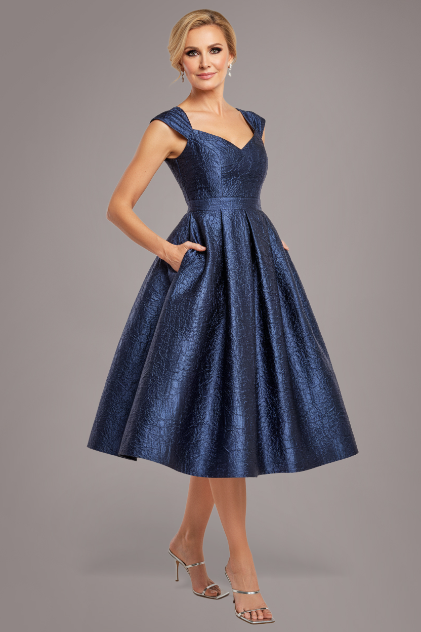 Crushed Satin Sleeveless A Line Midi Dress - Navy Blue DR4551M