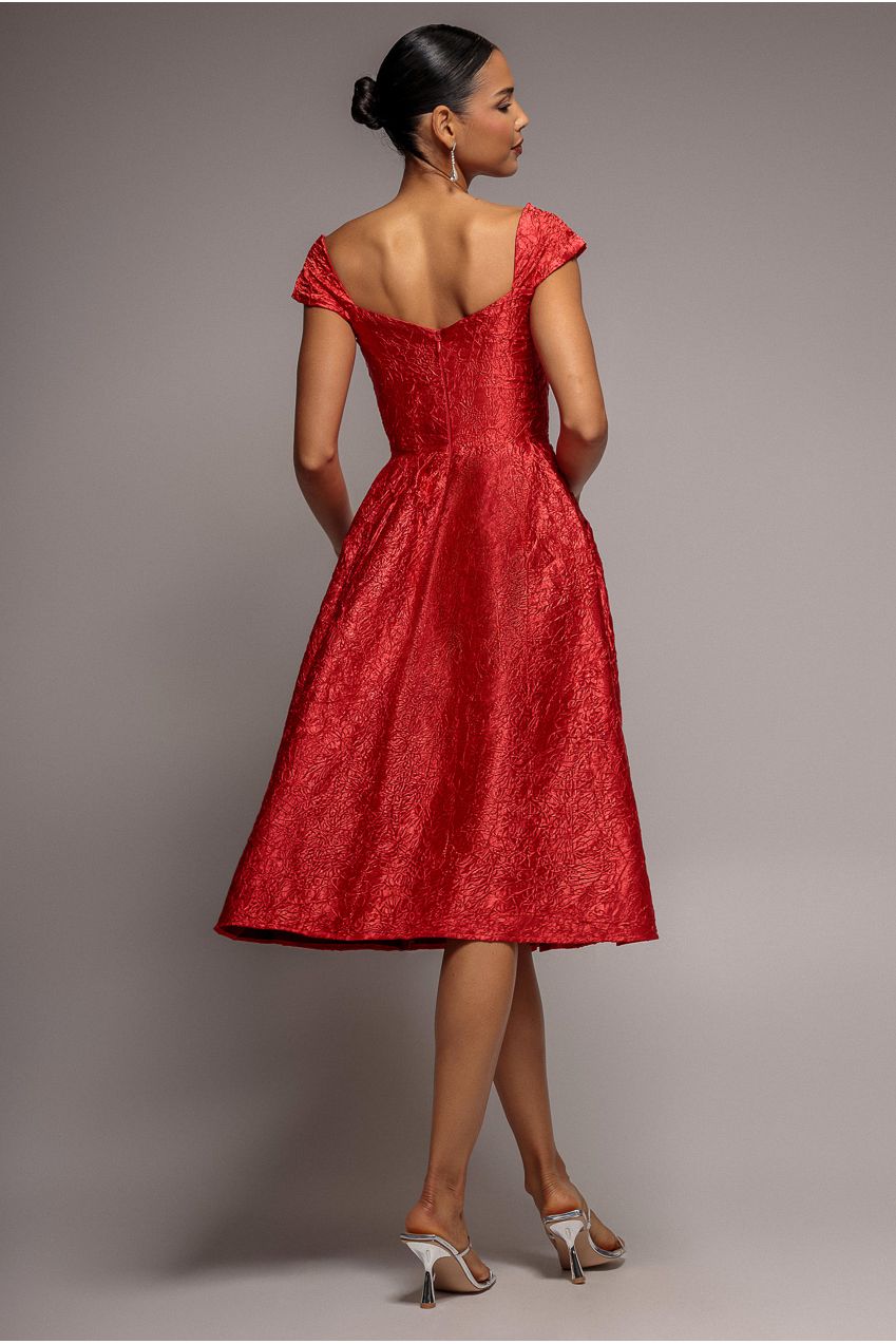 Crushed Satin Sleeveless A Line Midi Dress - Red DR4551