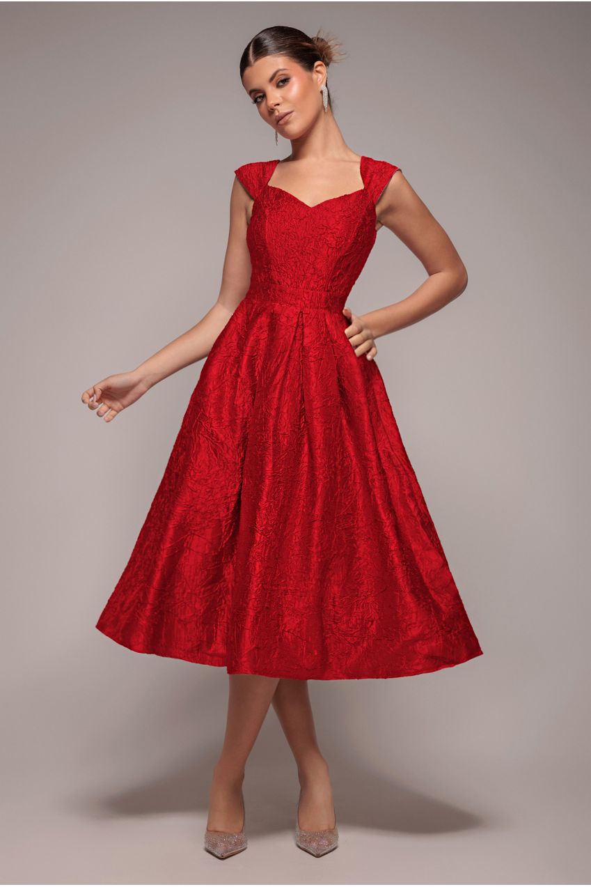 Crushed Satin Sleeveless A Line Midi Dress - Red DR4551