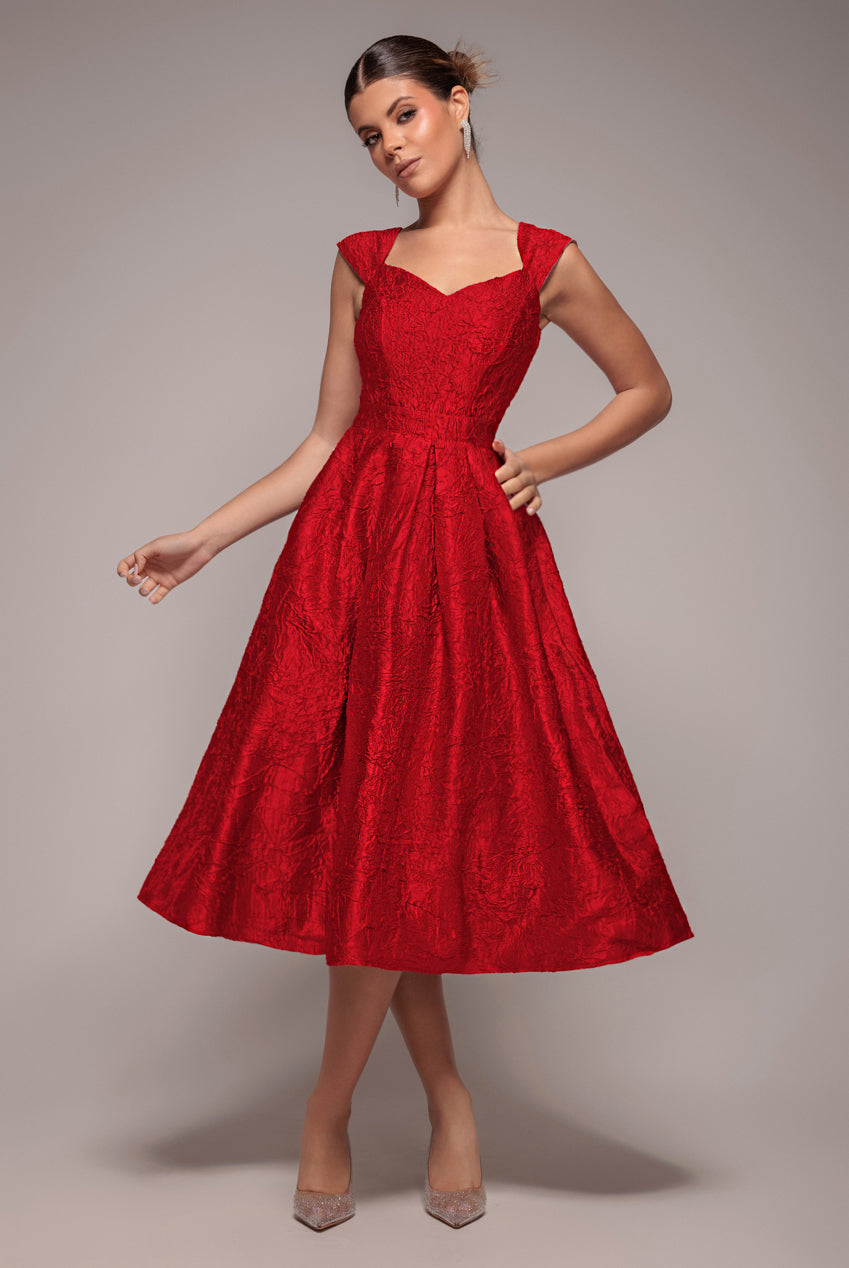 Crushed Satin Sleeveless A Line Midi Dress - Red DR4551