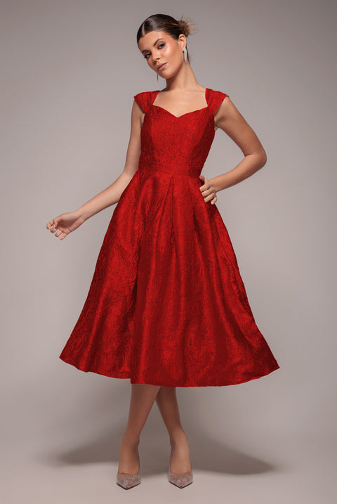 Crushed Satin Sleeveless A Line Midi Dress - Red by Goddiva