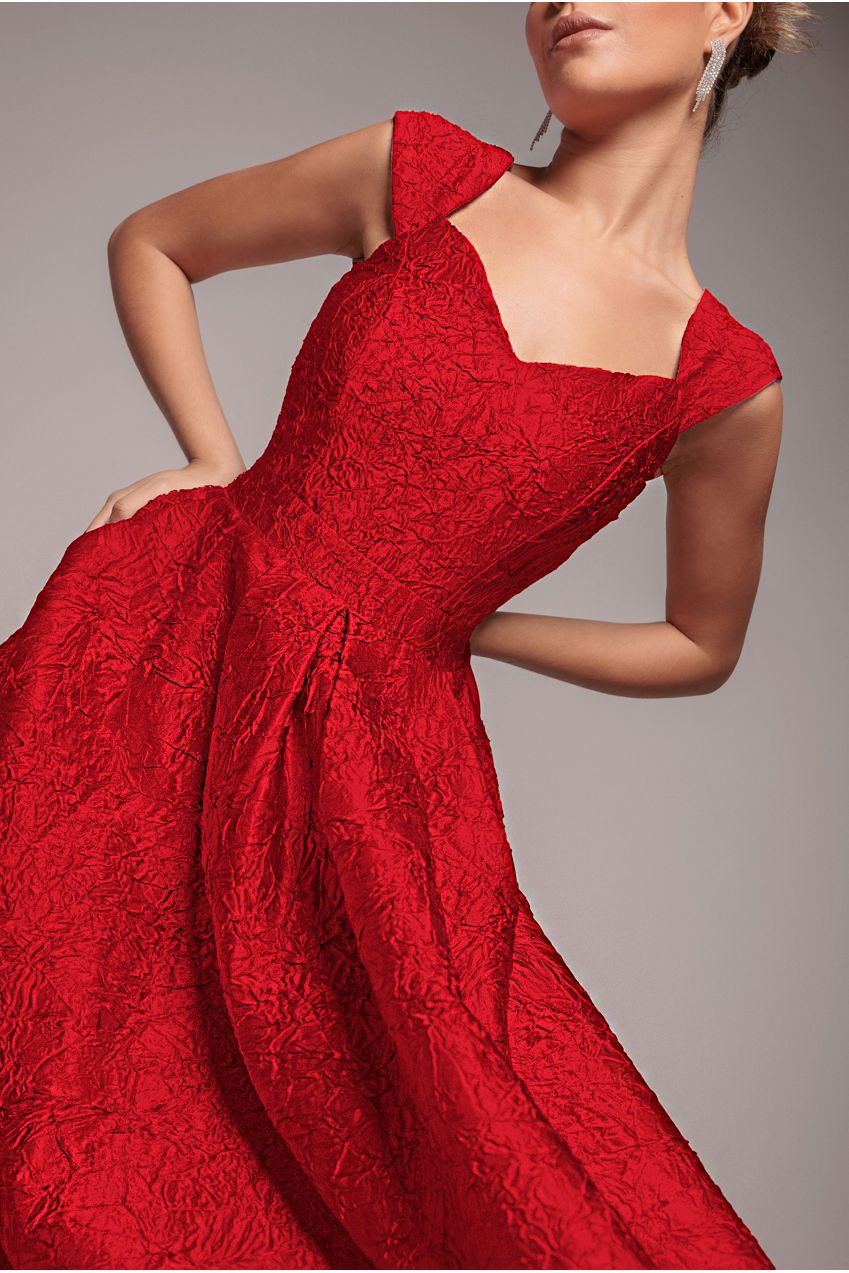 Crushed Satin Sleeveless A Line Midi Dress - Red DR4551